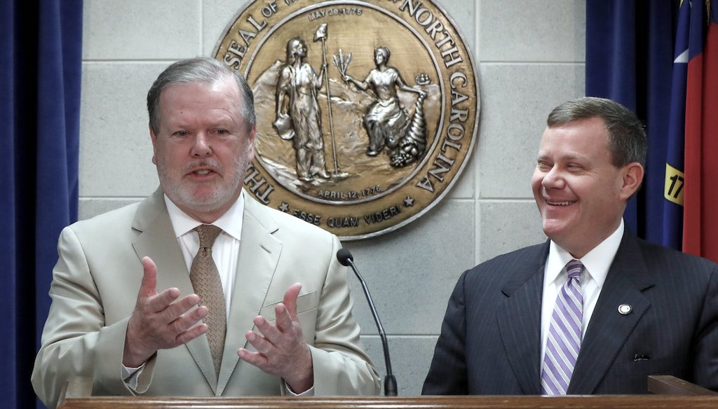 N.C. Senate President Pro Tem Phil Berger, left, and N.C. House Speaker Tim Moore talk during a news conference at the Legislative Building in Raleigh, N.C., Thursday, May 17, 2018. (via The News & Observer)