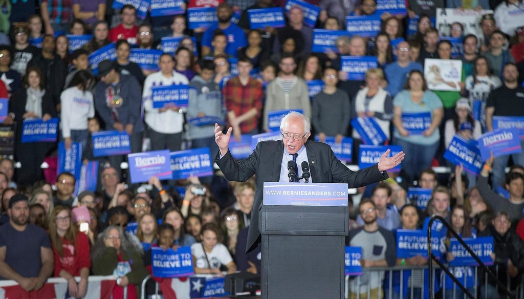 Democratic presidential candidate Bernie Sanders speaks at a campaign rally March 26, 2016 at the Alliant Energy Center in Madison. (Getty Images)