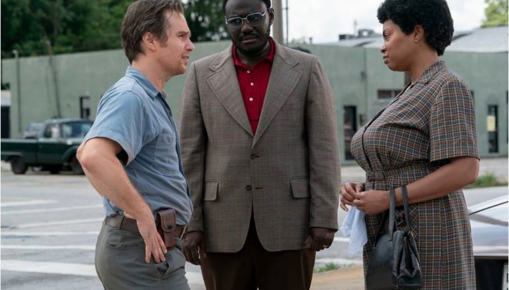 Sam Rockwell, left, as C.P. Ellis; Babou Ceesay as Bill Riddick and Taraji P. Henson as Ann Atwater star in “The Best of Enemies,” which is based on a true story of race relations in Durham, N.C. in the early 1970s. ANNETTE BROWN  COURTESY OF STXFILMS