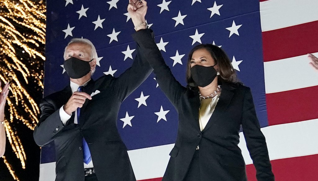 Democratic presidential candidate Joe Biden and running mate Kamala Harris watch fireworks at the Democratic National Convention on Aug. 20, 2020, in Wilmington, Del. (AP Photo/Andrew Harnik)