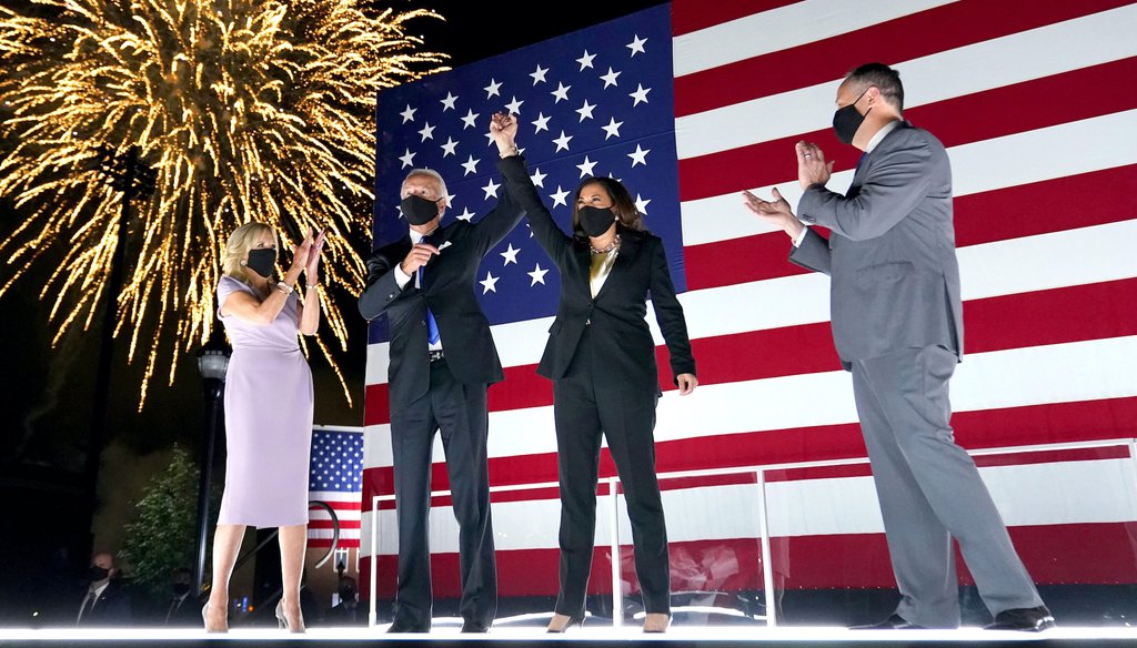 Democratic presidential candidate former Vice President Joe Biden and Democratic vice presidential candidate Sen. Kamala Harris, D-Calif., celebrate with their spouses during the fourth day of the Democratic National Convention, Aug. 20, 2020. (AP)