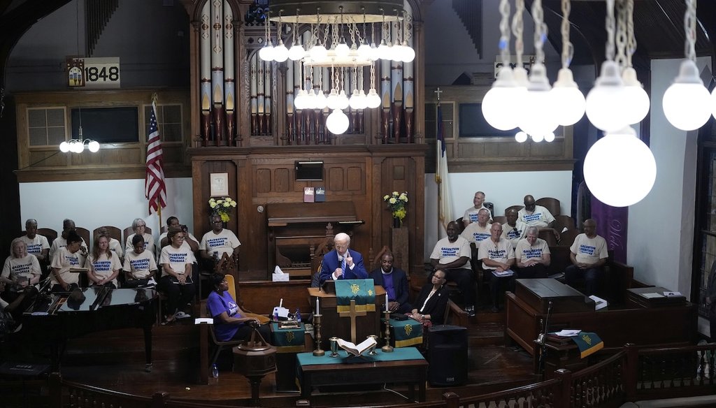 Former President Joe Biden speaks during a Juneteenth event at the Reedy Chapel AME Church, June 19, 2025, in Galveston, Texas. (AP)