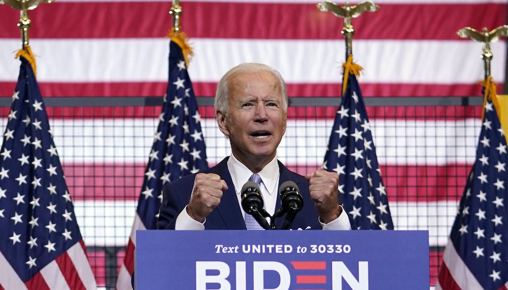 Democratic presidential candidate former Vice President Joe Biden speaks at campaign event at Mill 19 in Pittsburgh, Pa., Monday, Aug. 31, 2020. (AP)