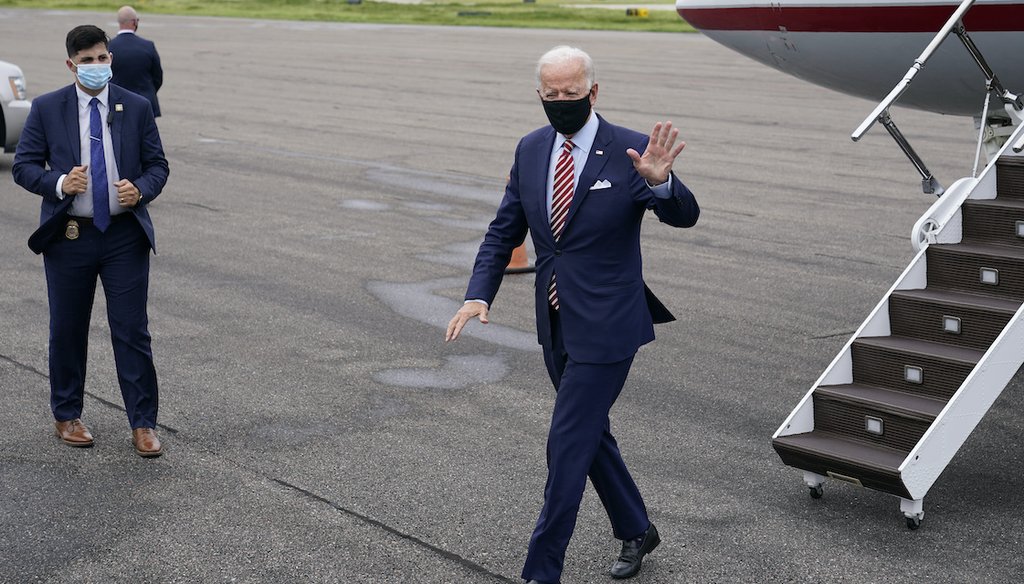 Democratic presidential candidate and former Vice President Joe Biden steps off a plane Tuesday, Sept. 15, 2020 at Tampa International Airport in Tampa, Fla., on a visit for campaign events. (AP)