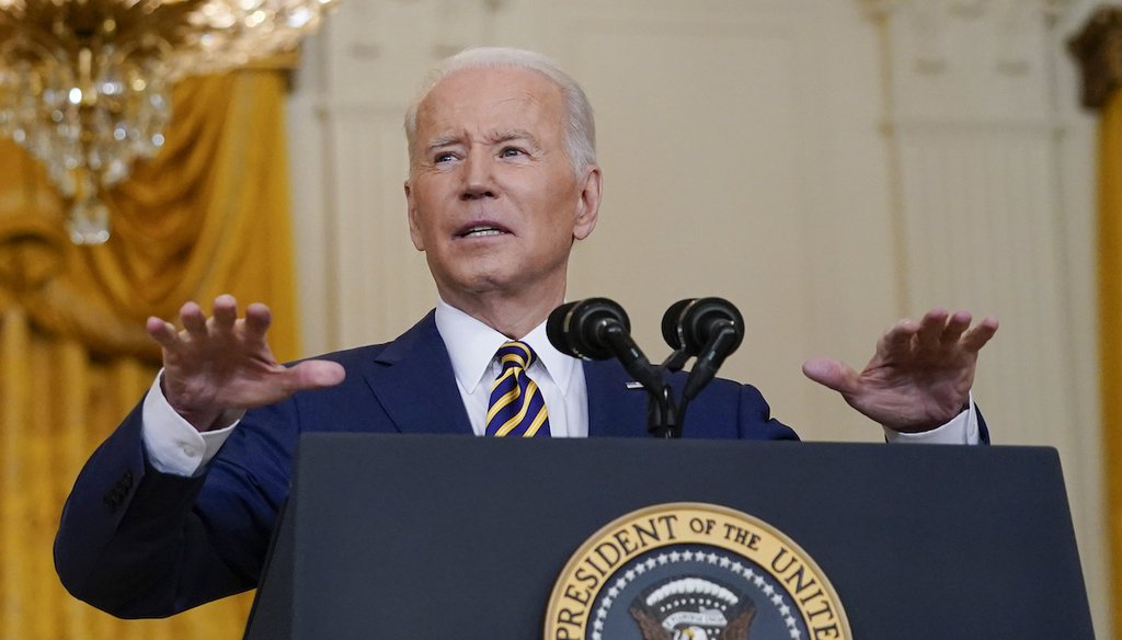 President Joe Biden speaks during a news conference marking his first year in office in the East Room of the White House. (AP)