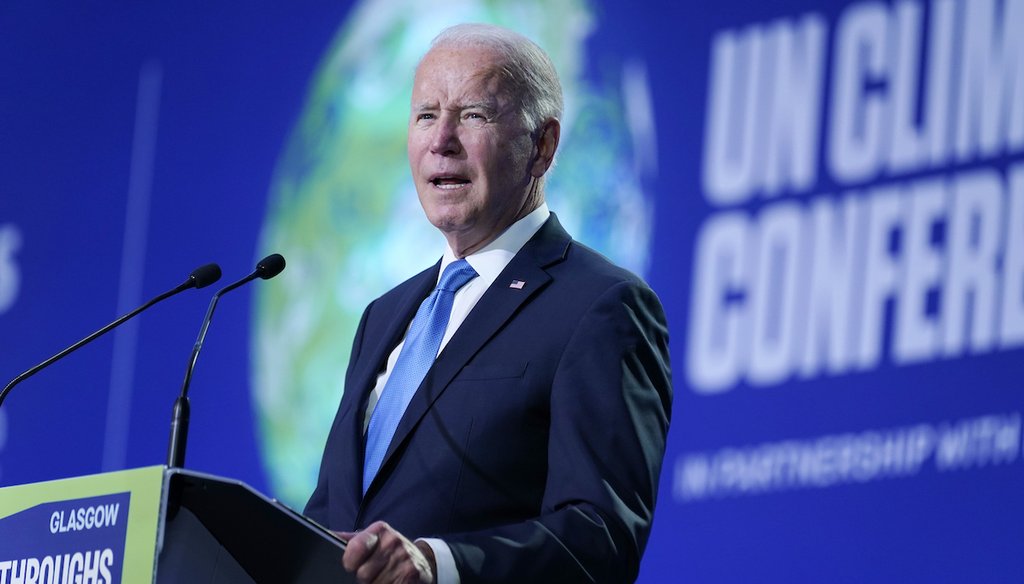 President Joe Biden speaks at the COP26 U.N. Climate Summit, Nov. 2, 2021, in Glasgow, Scotland.  (AP)