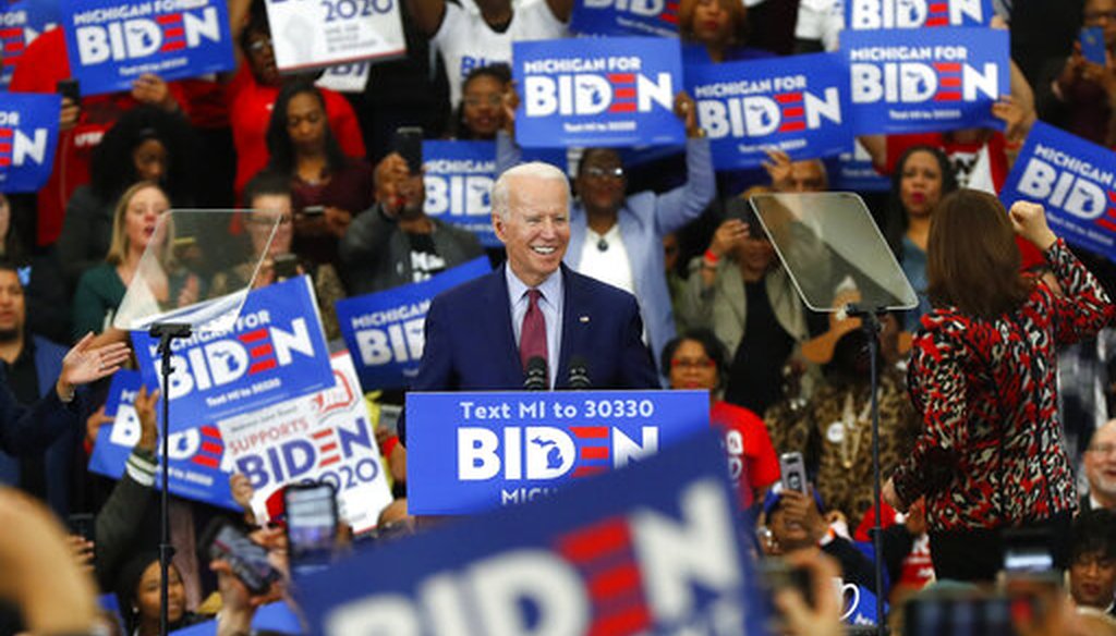Democratic presidential candidate former Vice President Joe Biden speaks during a campaign rally at Renaissance High School in Detroit, Monday, March 9, 2020. (AP)
