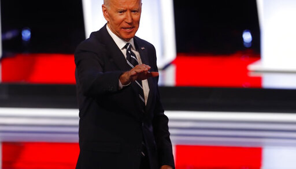 Former Vice President Joe Biden waves after the second of two Democratic presidential primary debates hosted by CNN Wednesday, July 31, 2019, in the Fox Theatre in Detroit. (AP)