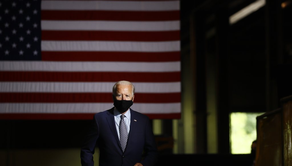 Democratic presidential candidate former Vice President Joe Biden arrives to speak at McGregor Industries in Dunmore, Pa., Thursday, July 9, 2020. (AP Photo/Matt Slocum)