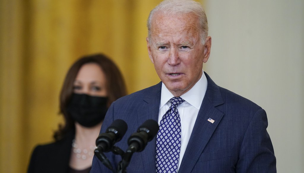 President Joe Biden speaks Aug. 20, 2021, at the White House about the evacuation of American citizens from Afghanistan. Vice President Kamala Harris looks on. (AP)