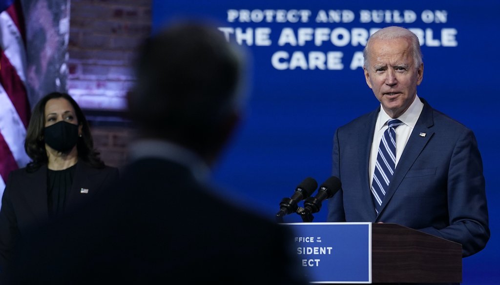 President-elect Joe Biden, joined by Vice President-elect Kamala Harris, answers a reporter's question at The Queen theater, Tuesday, Nov. 10, 2020, in Wilmington, Del. (AP)