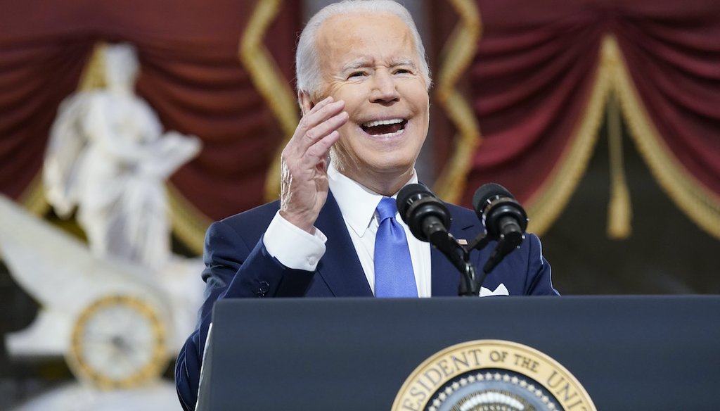 President Joe Biden speaks from Statuary Hall at the U.S. Capitol to mark the one year anniversary of the Jan. 6 riot at the Capitol by supporters loyal to then-President Donald Trump, Thursday, Jan. 6, 2022, in Washington. (AP)