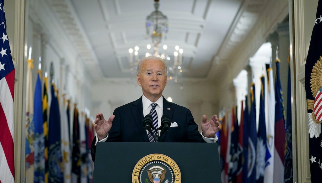 President Joe Biden speaks about the COVID-19 pandemic during a primetime address from the White House on March 11, 2021, in Washington. (AP/Harnik)