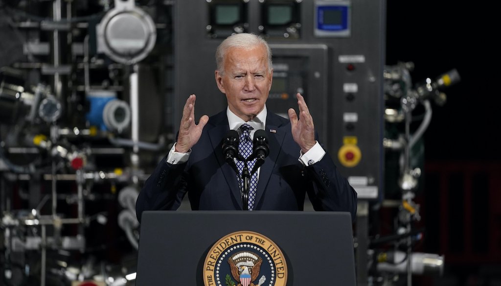 President Joe Biden speaks after a tour of a Pfizer manufacturing site, Friday, Feb. 19, 2021, in Portage, Mich. (AP)