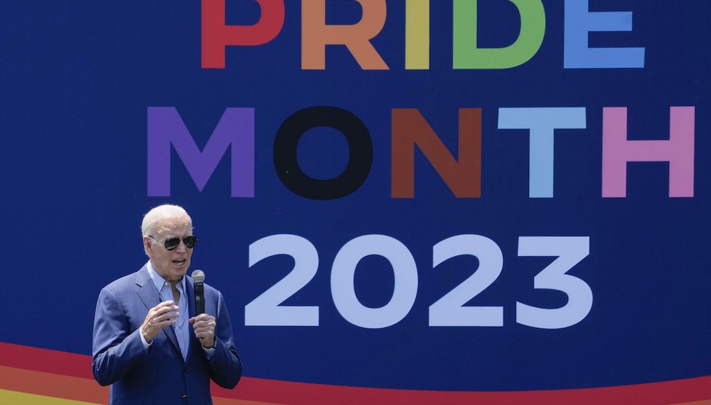 President Joe Biden speaks at a Pride Month celebration on the South Lawn of the White House, Saturday, June 10, 2023 (AP)