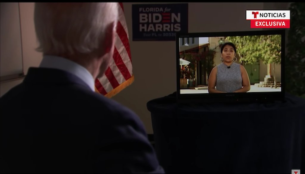 A screen grab from a Telemundo interview with Democratic presidential nominee Joe Biden shows Biden taking a question from a viewer on Sept. 15, 2020. Social media users have shared a portion of the interview out of context with a false claim.