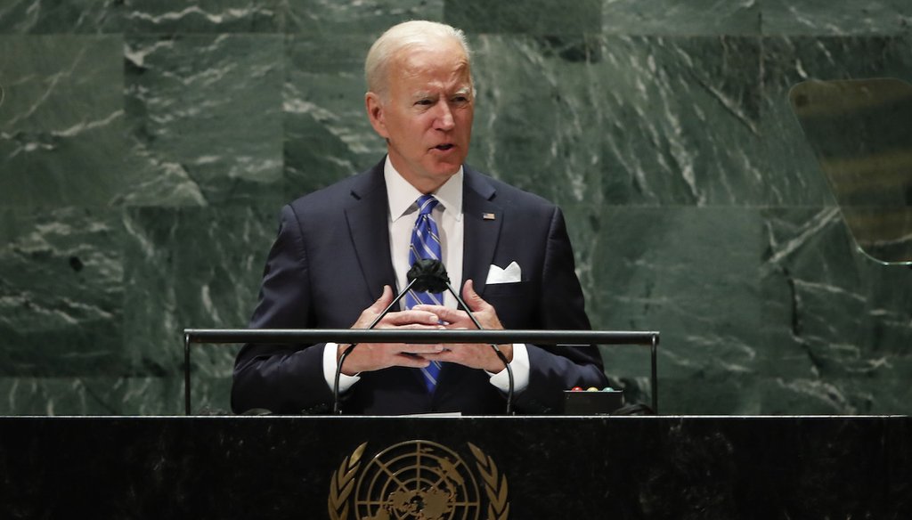 U.S. President Joe Biden speaks during the 76th Session of the United Nations General Assembly at U.N. headquarters in New York. (Eduardo Munoz/Pool Photo via AP)