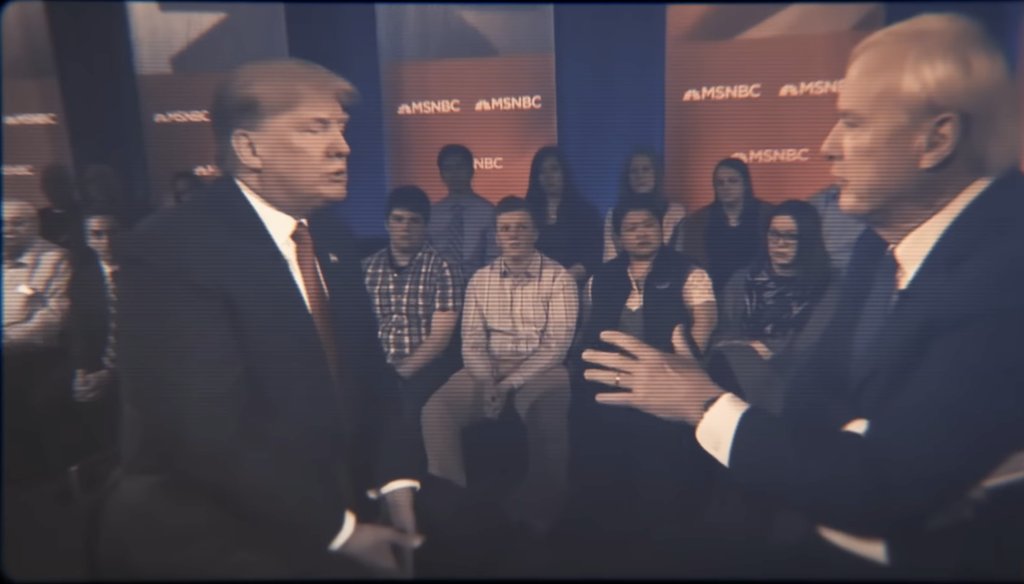 Screenshot of President Joe Biden's campaign ad on YouTube. Then-presidential candidate Donald Trump is questioned about abortion by then-MSNBC host Chris Matthews during a town hall on March 30, 2016.