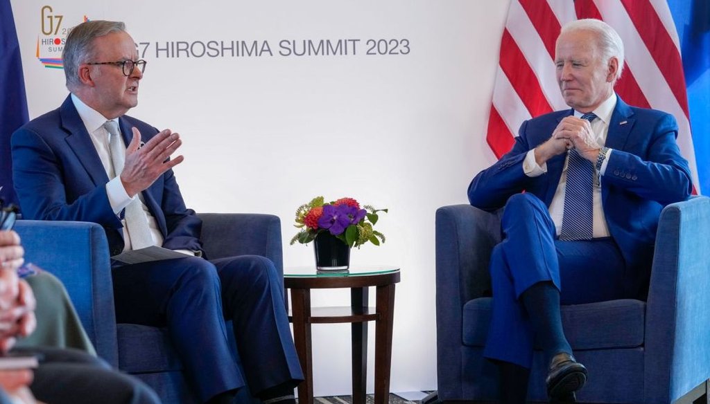 President Joe Biden, right, and Australian Prime Minister Anthony Albanese meet May 20, 2023, on the sidelines of the G7 Summit in Hiroshima, Japan. (AP)