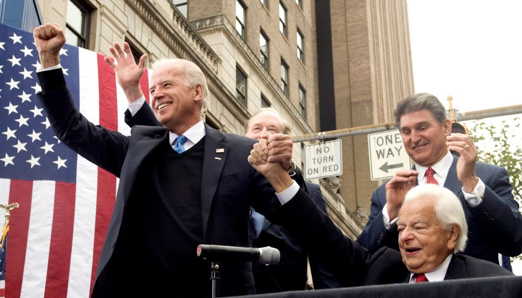 Then-Democratic vice presidential candidate Joe Biden accompanied by Sen. Robert Byrd, D-W.Va., in Charleston, W.Va., on Oct. 24, 2008. (AP)