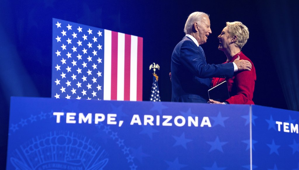Cindy McCain, wife of late Sen. John McCain, greets President Joe Biden as he arrives Sept. 28, 2023, to deliver remarks on democracy and honoring the legacy of McCain at the Tempe Center for the Arts in Tempe, Ariz. (AP)