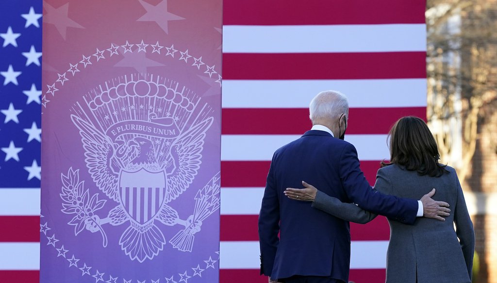 President Joe Biden and Vice President Kamala Harris walk off stage after speaking in support of changing the Senate filibuster rules that have stalled voting rights legislation, at Atlanta University Center Consortium,  on Jan. 11, 2022. (AP)