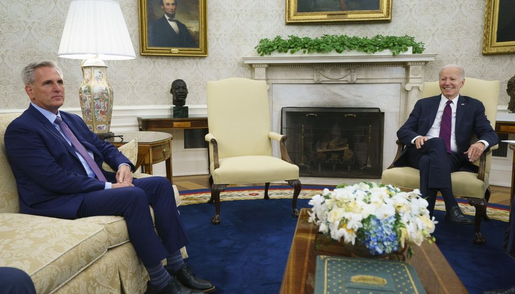 House Speaker Kevin McCarthy, R-Calif., listens to President Joe Biden in the Oval Office on May 9, 2023. (AP)