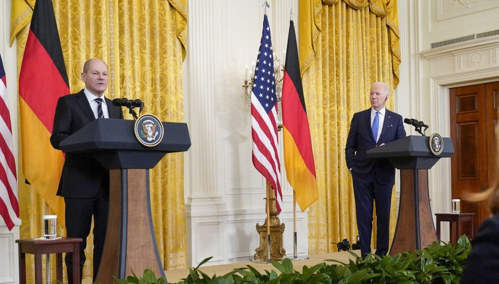 President Joe Biden and German Chancellor Olaf Scholz during a news conference at the White House on Feb. 7, 2022. (AP)