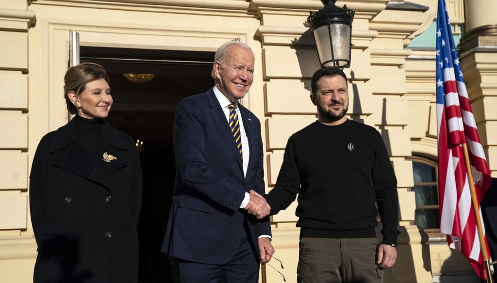 President Joe Biden meets with Ukrainian President Volodymyr Zelenskyy, right, and his wife, Olena Zelenska, left at Mariinsky Palace in Kyiv, Ukraine on Feb. 20, 2023. (AP)