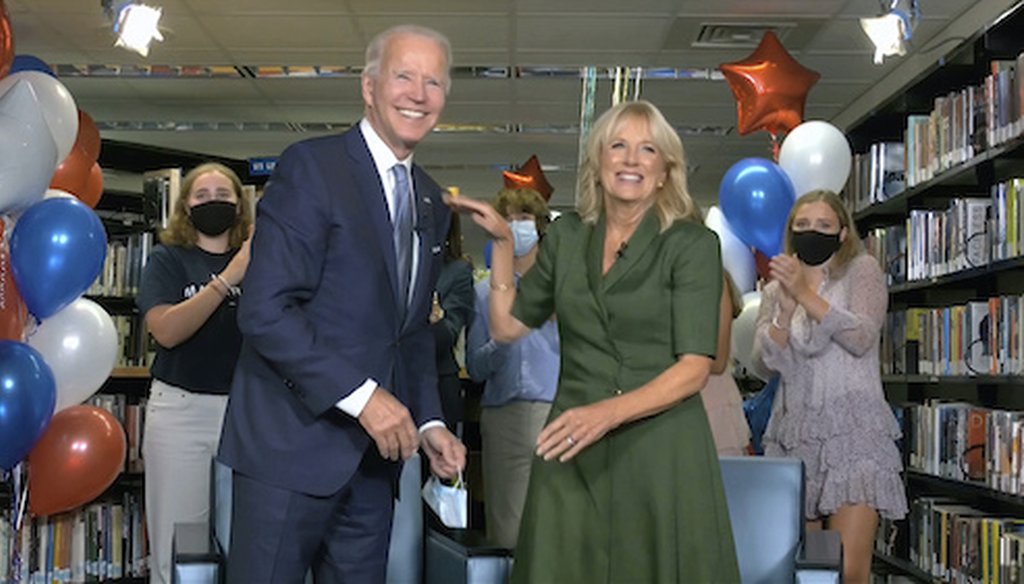 Democratic presidential candidate former Vice President Joe Biden, his wife Jill Biden, and members of the Biden family, celebrate after the roll call during the second night of the Democratic National Convention on Tuesday, Aug. 18, 2020. (DNC via AP)
