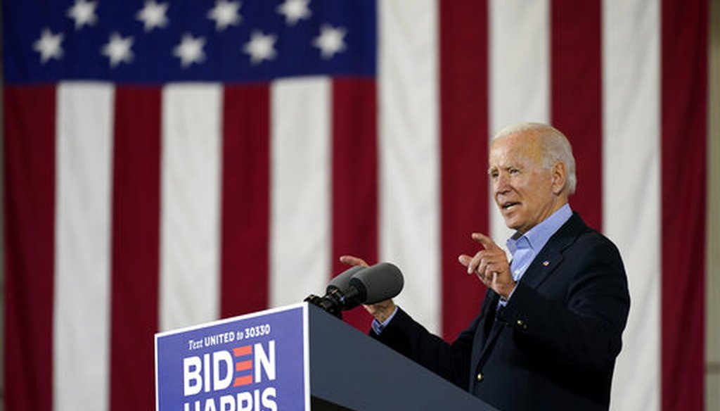 Democratic presidential candidate former Vice President Joe Biden speaks after touring International Union of Operating Engineers Local 66, Wednesday, Sept. 30, 2020, in New Alexandria, Pa. (AP)
