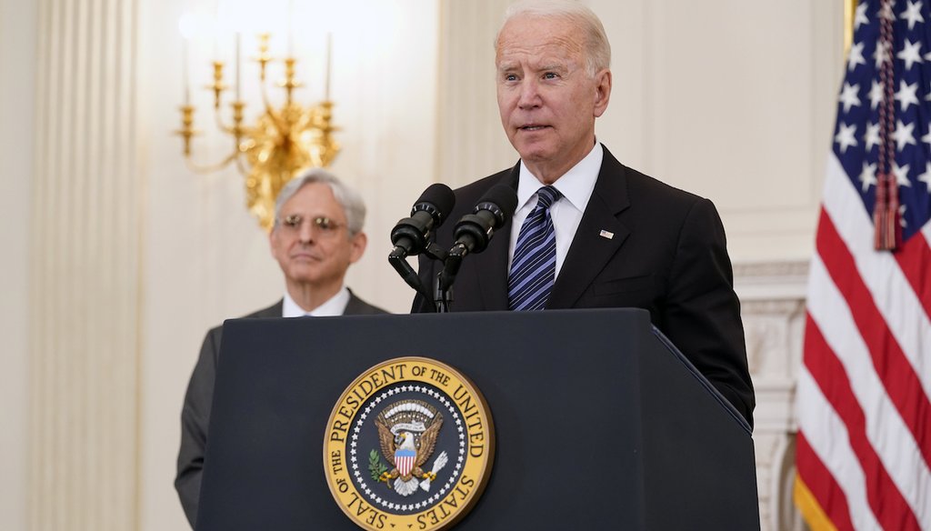 President Joe Biden discusses his gun crime prevention strategy as Attorney General Merrick Garland listens. (AP Photo/Susan Walsh)