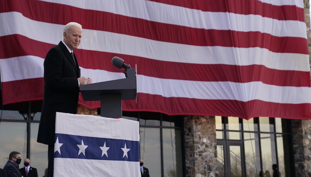 President-elect Joe Biden speaks at the Major Joseph R. "Beau" Biden III National Guard/Reserve Center, Tuesday, Jan. 19, 2021, in New Castle, Del. (AP)