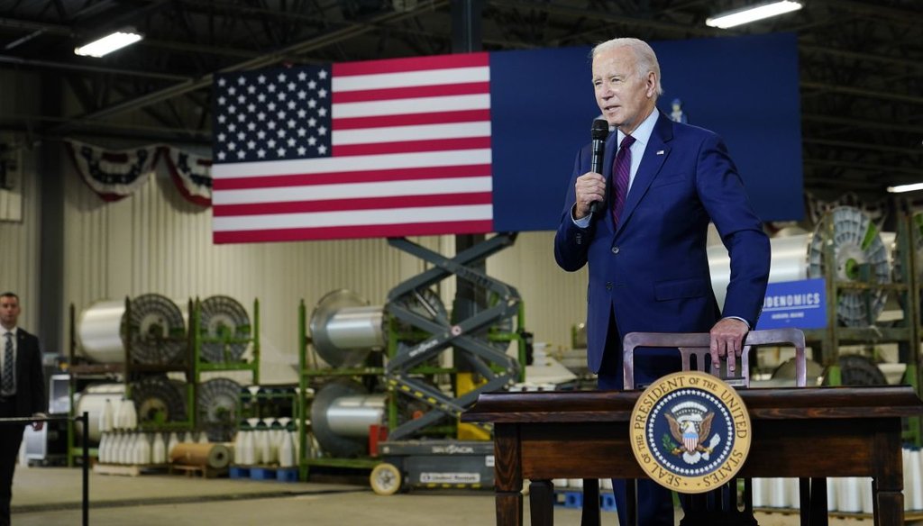 President Joe Biden speaks at Auburn Manufacturing Inc., in Auburn, Maine, on July 28, 2023. (AP)