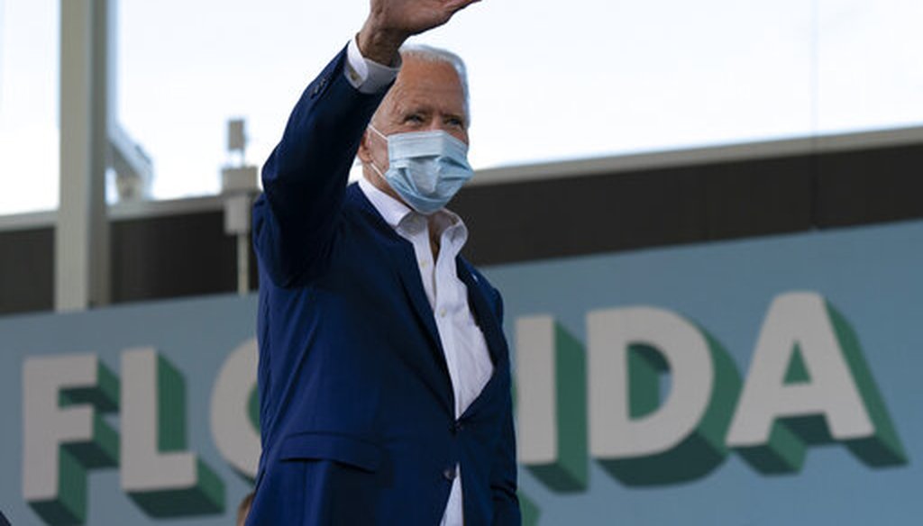 Democratic presidential candidate former Vice President Joe Biden waves to the crowd at Miramar Regional Park in Miramar, Fla., Tuesday Oct. 13, 2020. (AP)