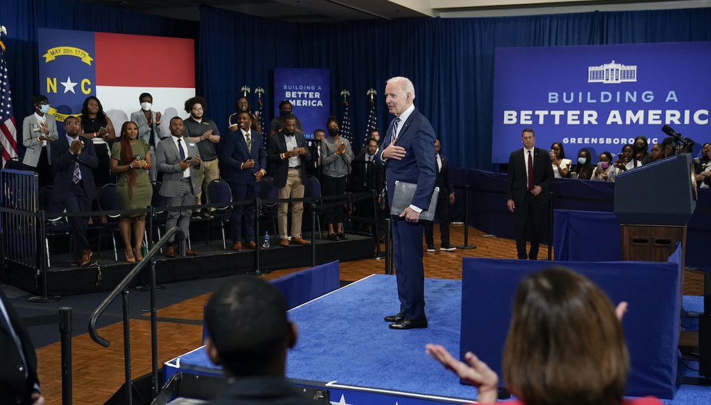 Biden acknowledges the audience after he ends his speech at North Carolina Agricultural and Technical State University, April 14, 2022. (AP)
