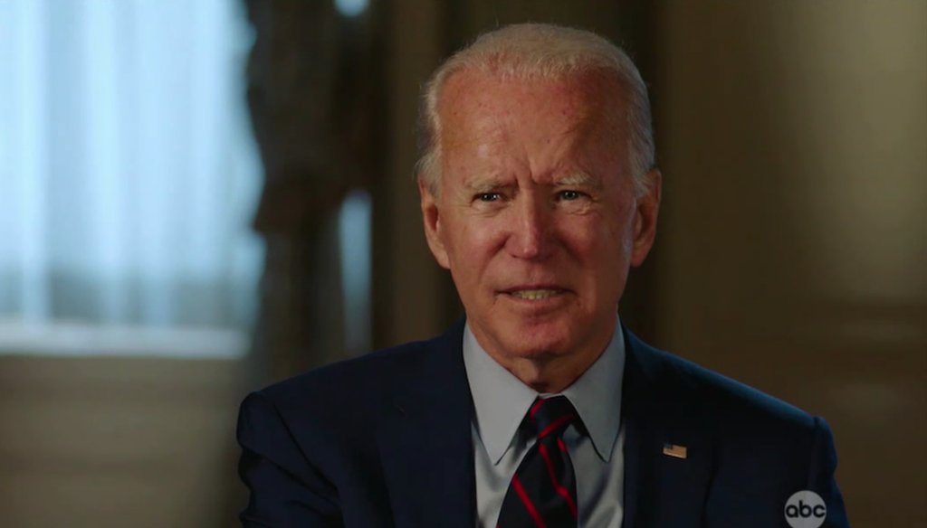 In a screen grab from ABC's Aug. 23 airing of "20/20," Democratic presidential nominee and former Vice President Joe Biden is seen speaking to journalists David Muir and Robin Roberts in his first joint interview with running mate Sen. Kamala Harris.
