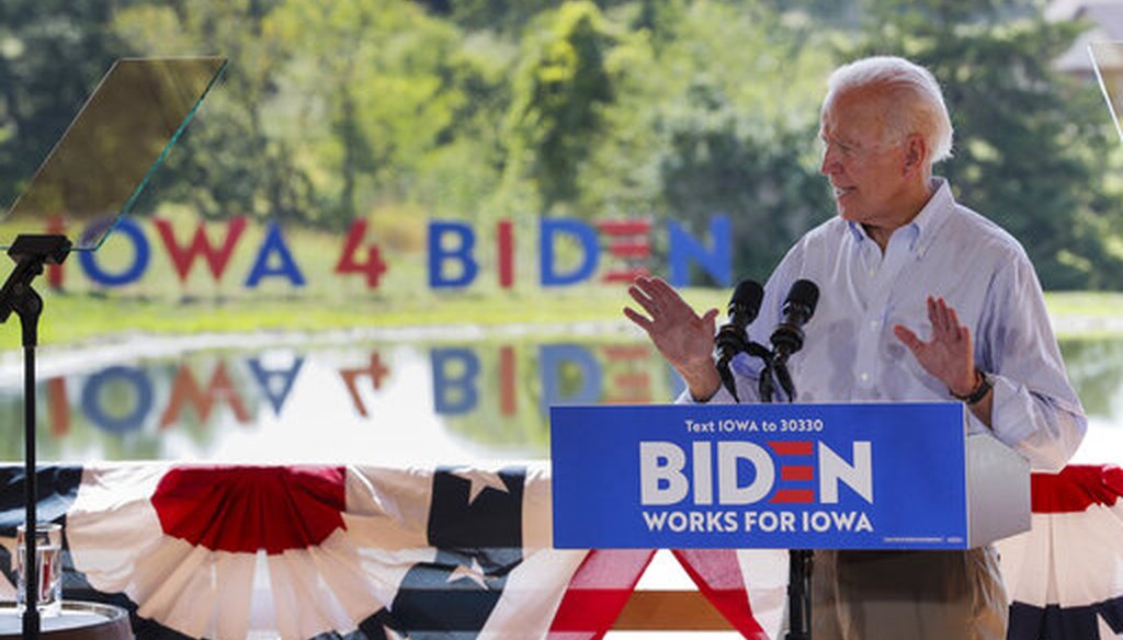 Democratic presidential candidate former Vice President Joe Biden speaks during a community event, Tuesday, Aug. 20, 2019, in Prole, Iowa. (AP)