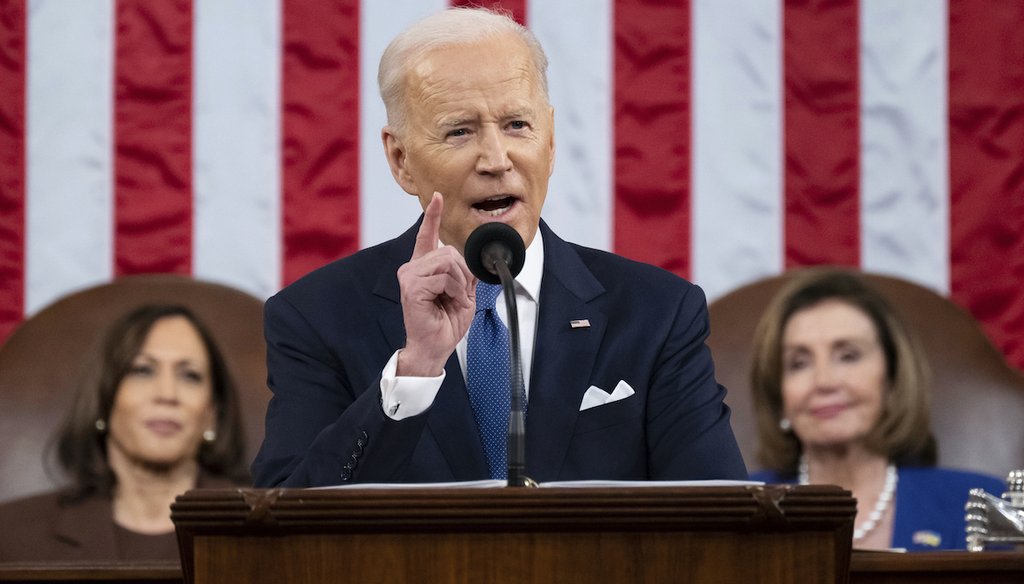 President Joe Biden delivers his first State of the Union address to a joint session of Congress at the Capitol, as Vice President Kamala Harris and House Speaker Nancy Pelosi watch, March 1, 2022. (AP)