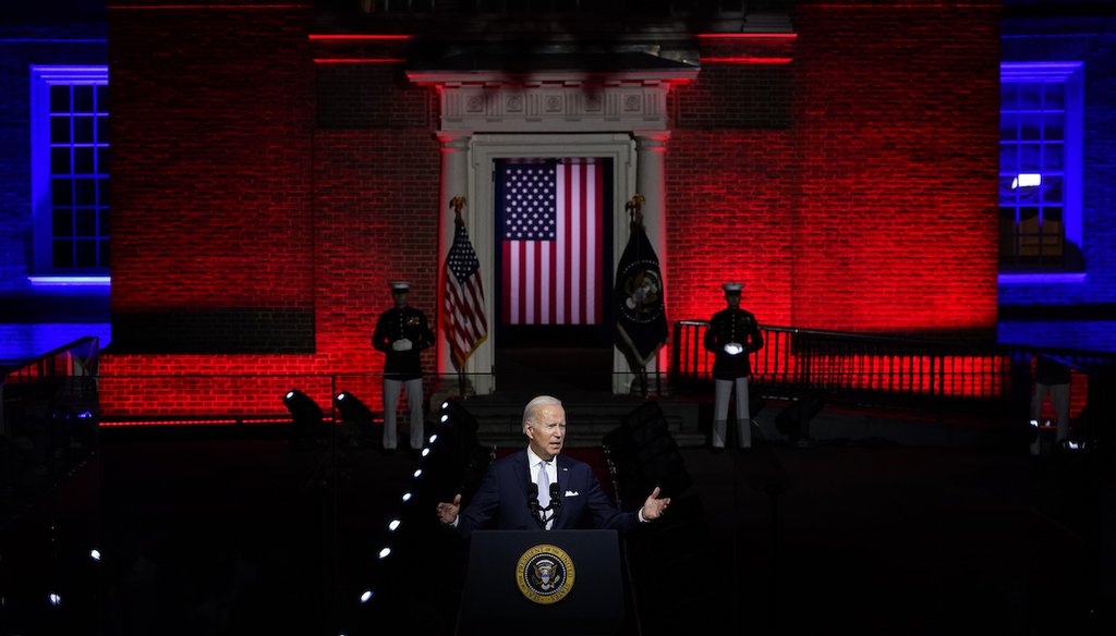 President Joe Biden delivers a speech outside Independence Hall in Philadelphia, Pennsylvania, Sept. 1, 2022. (AP)