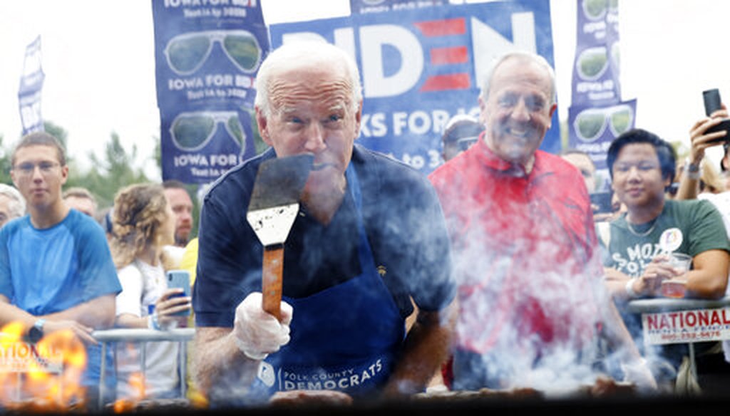 Democratic presidential candidate former Vice President Joe Biden works the grill during the Polk County Democrats Steak Fry, Saturday, Sept. 21, 2019, in Des Moines, Iowa. (AP)