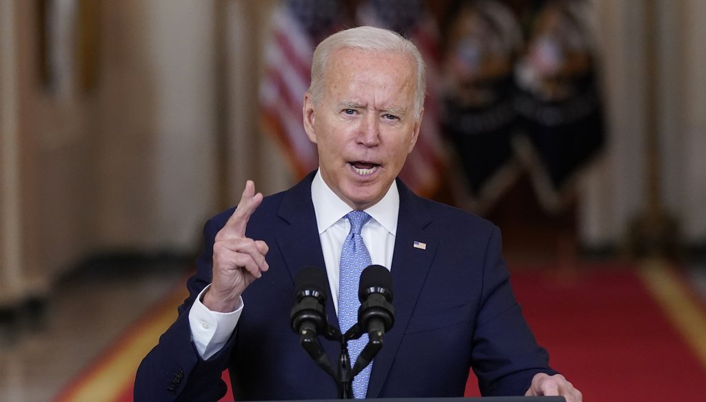 President Joe Biden speaks about the end of the war in Afghanistan from the State Dining Room of the White House. (AP Photo/Evan Vucci)