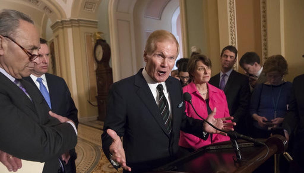 Sen. Bill Nelson, D-Fla., center, joined by, from left, Senate Minority Leader Chuck Schumer, D-N.Y., Sen. Chris Murphy, D-Conn., and Sen. Amy Klobuchar, D-Minn., speaks with reporters after a luncheon where they discussed school safety. (AP)