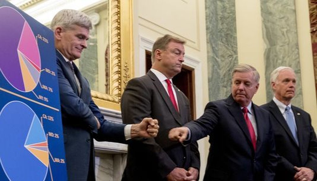 Republican U.S. senators (from left) Bill Cassidy of Louisiana, Dean Heller of Nevada, Lindsey Graham of South Carolina and Ron Johnson of Wisconsin are co-sponsoring the latest GOP alternative to Obamacare. (Andrew Harnik/Associated Press)