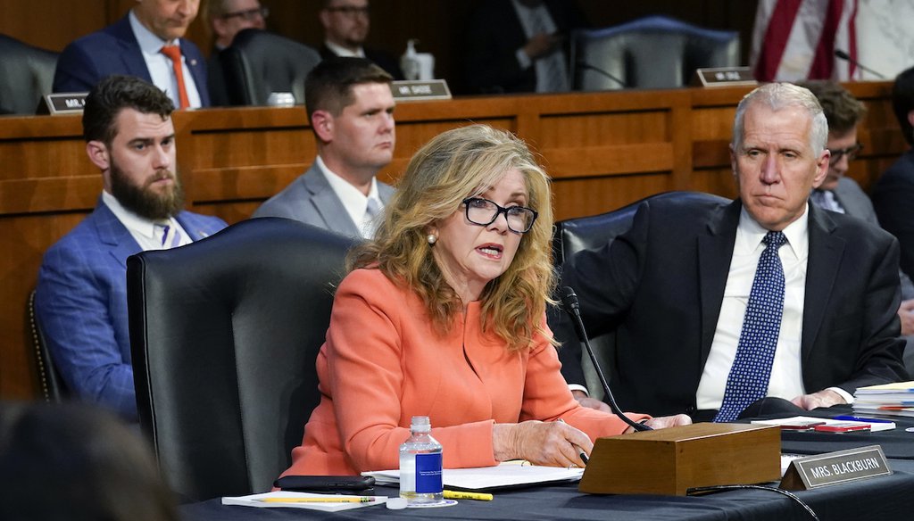 Sen. Marsha Blackburn, R-Tenn., speaks during a confirmation hearing for Supreme Court nominee Ketanji Brown Jackson before the Senate Judiciary Committee, Monday, March 21, 2022, on Capitol Hill in Washington. (AP)