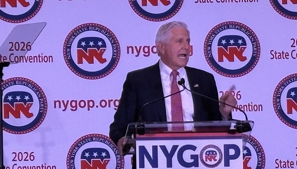 Nassau County Executive Bruce Blakeman speaks at the New York State Republican Convention on Feb. 11, 2026, in Garden City. (Buffalo News)