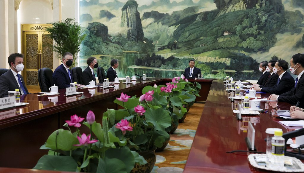 U.S. Secretary of State Antony Blinken, center left, meets with Chinese President Xi Jinping, center, and Wang Yi, Chinese Communist Party's foreign policy chief, center right, in the Great Hall of the People in Beijing, China, June 19, 2023. (AP)