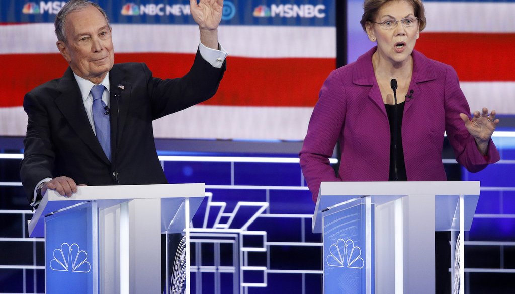 Democratic presidential candidates Mike Bloomberg, left, and  Elizabeth Warren gesture during a primary debate on Feb. 19, 2020, in Las Vegas. (AP)