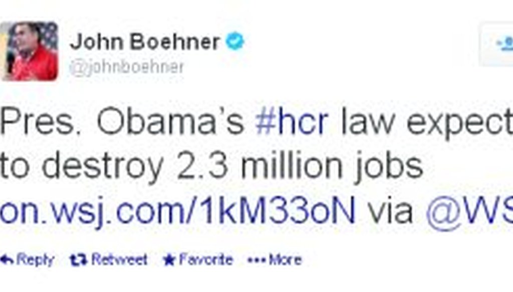 House Speaker John Boehner, R-Ohio, sent this tweet after the CBO published a new report that addressed the impact of President Obama's health care law on jobs, among other things. But is it accurate?