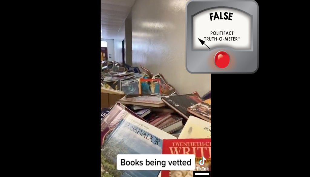 Screenshot from a May 22 viral video, taken at McNicol Middle School in Hollywood, Florida. The video claimed that the books had been banned by the state. While book bans are occurring in other Florida schools, that is not what happened at McNicol.